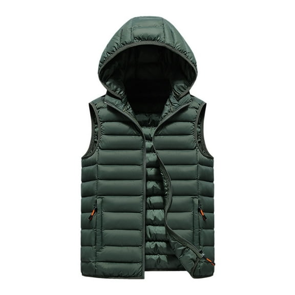 Men's Casual Trendy Rib Pattern Sleeveless Cotton Vest - Hooded Solid Color Slim-fit Cotton-padded Jacket, Army Green, Size L
