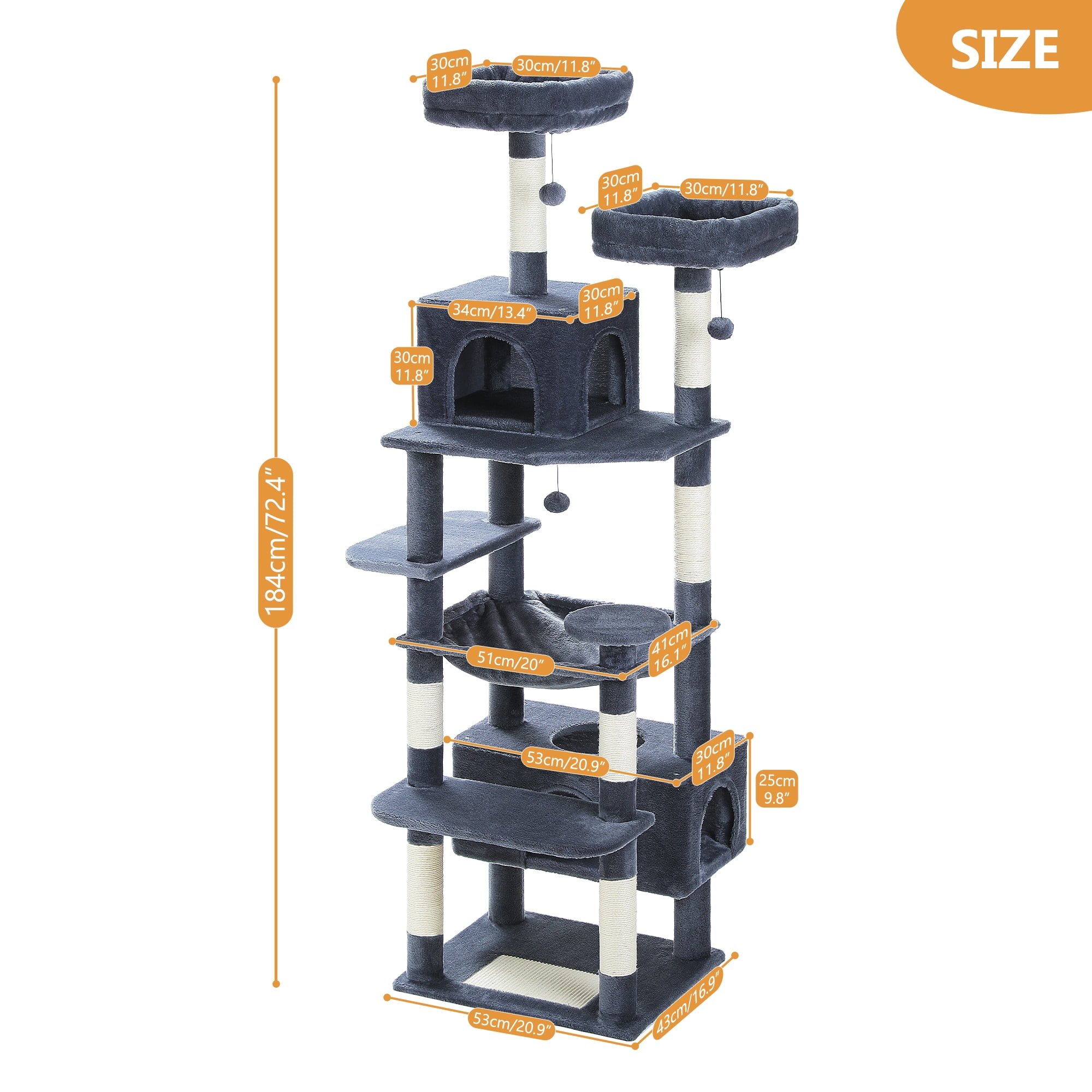 Pefilos 72" Cat Tree Tower for Large Cats, Indoor Cat Condo with Sisal-Covered Scratching Posts and Pads, 2 Padded Perch, Dark Gray Pefilos 72" Cat Tree Tower for Large Cats, Indoor Cat Condo with Sisal-Covered Scratching Posts and Pads, 2 Padded Perch, Dark Gray