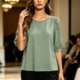 thumbnail image 5 of Vivianyo HD Women's Crew Neck Textured Blouse, Puff Short Sleeve Solid Loose Casual Summer Shirts for Women, Women's Green, Sizes S-2XL, 5 of 5