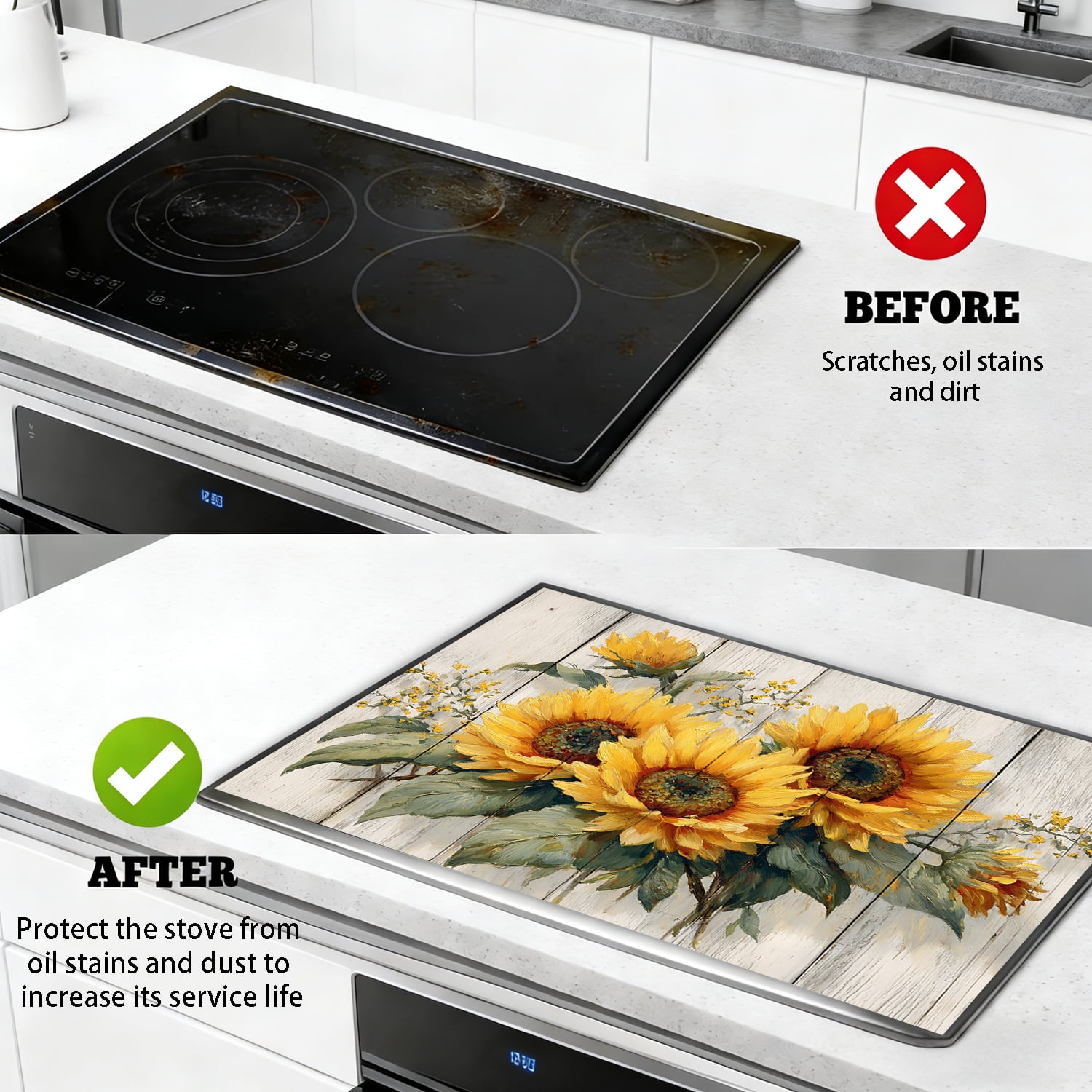 Stove Top Cover for Electric Stove, 28"x20" Heat Resistant Anti-Slip Glass Cooktop Protector Mat, Foldable Roll Up Stove Cover for Kitchen Counter Space, Dish Drying Mat, Sunflower