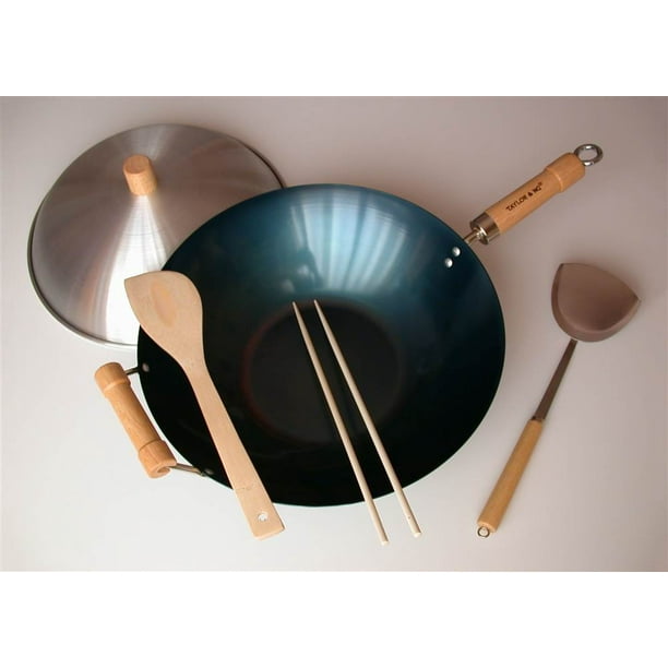 5 Pc 14 in. Preseasoned Flat Bottom Wok Set