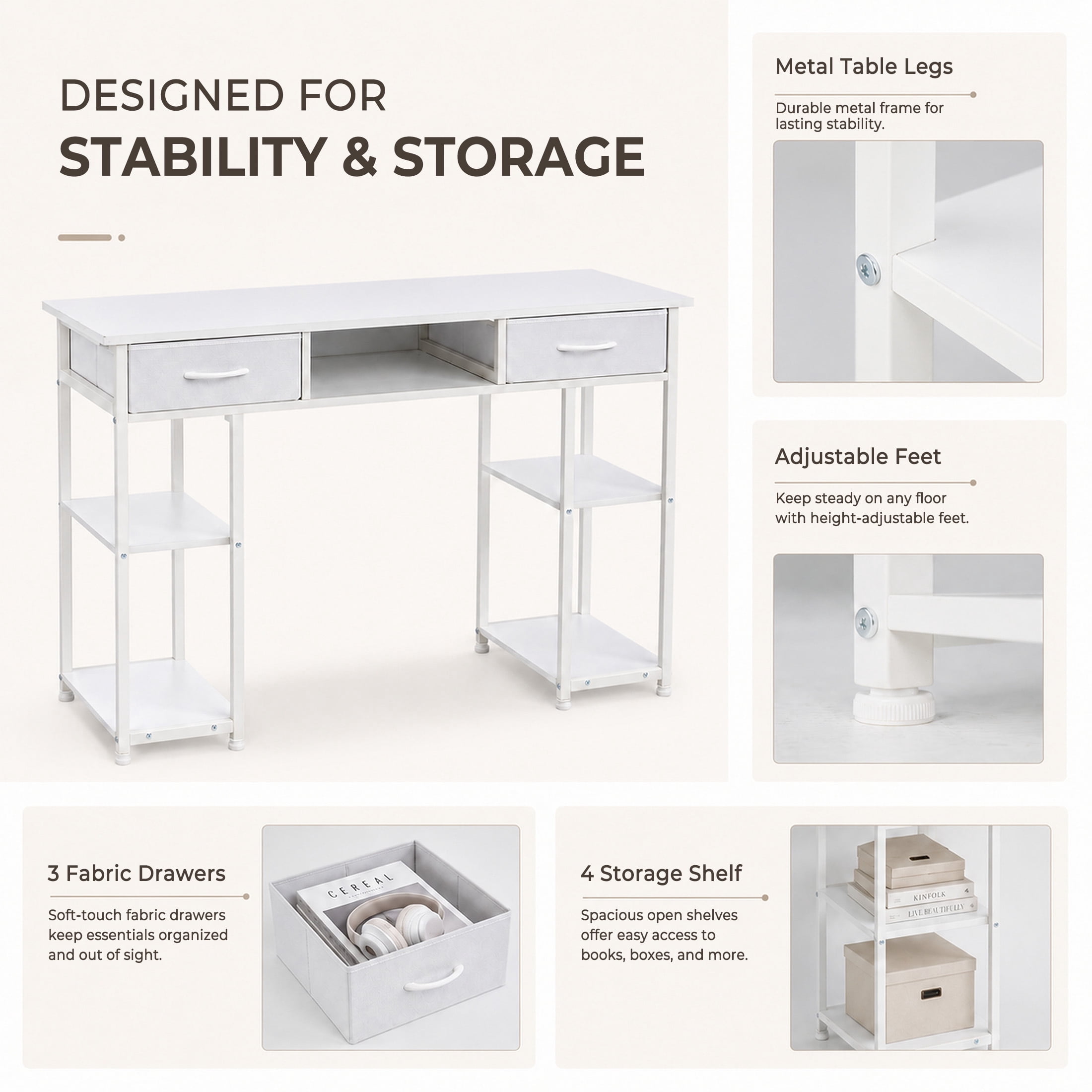 edx Small Desk with Drawers & Storage Shelves, 48 Inch Computer Desk Modern White Desk Gaming Writing Desk Study Table for Home Office, White