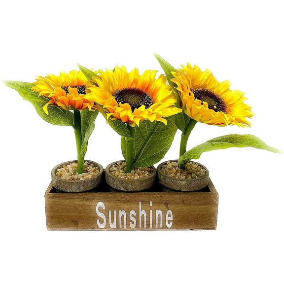 S/3 Sunflowers Potted in Wooden Box Artificial Spring Summer Tabletop Shelf Centerpiece Decor 10" x 8.5"