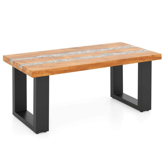 Costway Teak Wood Patio Table with  River Feel Epoxy Tabletop Indoor Outdoor Side Table