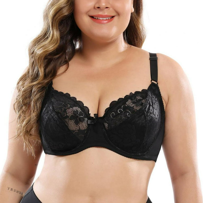 Plus Size Bras for Women Sexy Lace Perspective Underwire Bra Embroidery  Floral Bralette Top Black 36D/E 