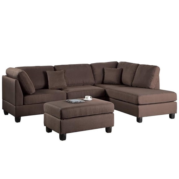 Poundex 3 Piece Fabric Sectional Sofa Set with Ottoman in Chocolate Brown
