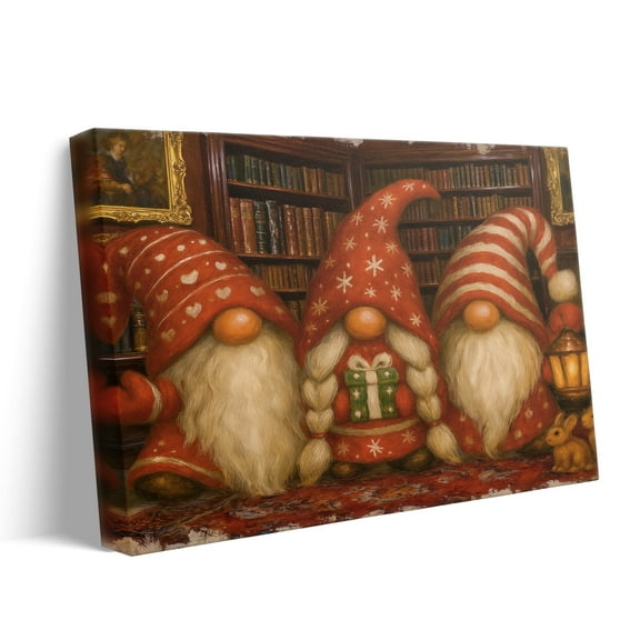 P&L Art Christmas Gnomes in Library Canvas Wall Art, Festive Holiday Decor with Red Hats & Gifts, Framed Canvas Print
