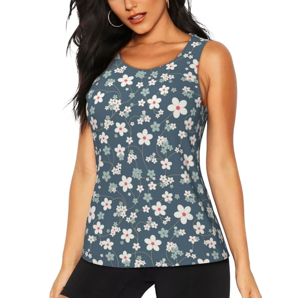 Fotbe Blue Flower Blusas Sin Mangas para Mujer – Estilo Casual, Corte Suelto, Slim-Fit, Cuello Redondo Deportivo, Tops de Verano para Gimnasio y Yoga-Medium