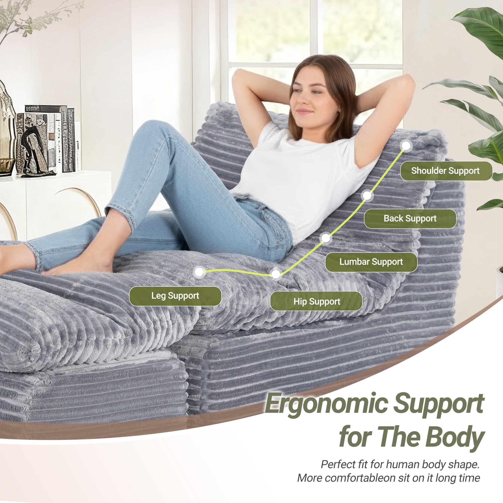 EOP Big Bean Bag Lounger Chairs Set of 2, Chaise Lounge Chairs Indoor, Comfy Upholstered Sleeper Sofa Beds with Compressed Memory Foam, No Assembly Required, Gray