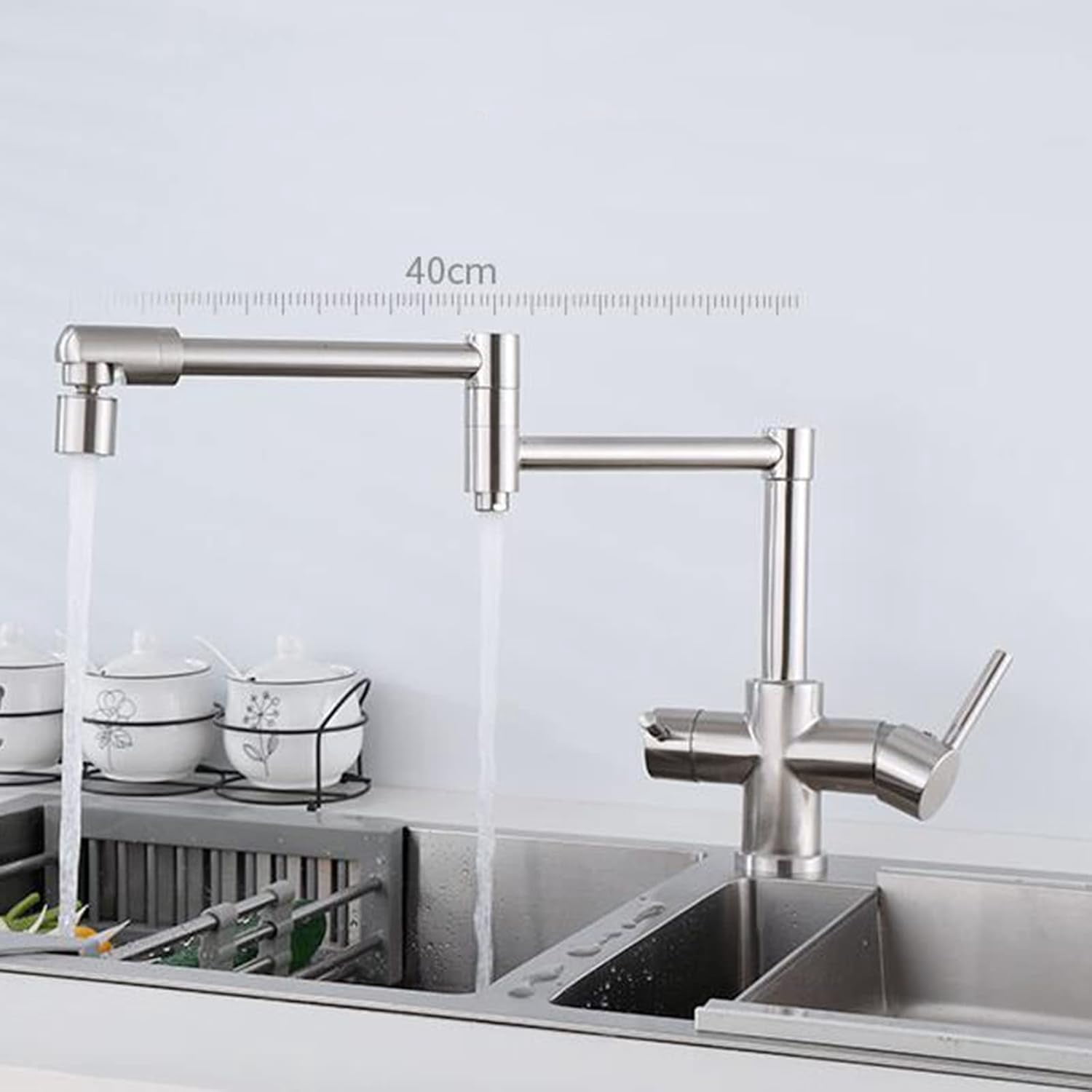 3 Way Kitchen Faucet Folded Brass Hot and Cold Water Swivel Kitchen Sink Faucet Brushed