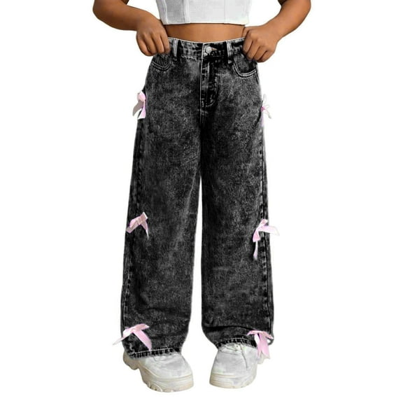 LIJCC Kids Girls Bow Decoration Jeans Elastic Waist Baggy Straight Wide Leg Denim Pants Trousers