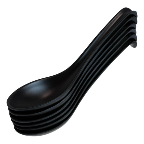 Pack Of 6 Matte Black Melamine Asian Noodle Soup Spoons With Ladle Hook Ends