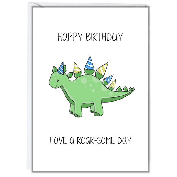 Cute Dinosaur Birthday Card - "Happy Birthday" Greeting with Stegosaurus Design - Blank Inside, Envelope Included - Perfect for Kids and Dinosaur Lovers