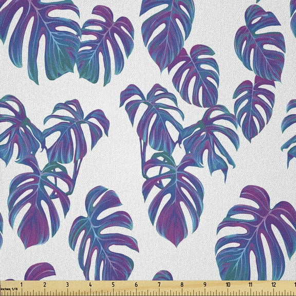 Ambesonne Hawaiian Colors Fabric by the Yard Microfiber, Tropic Leafy Motifs, 5 Yards, Purple Sea Blue Teal
