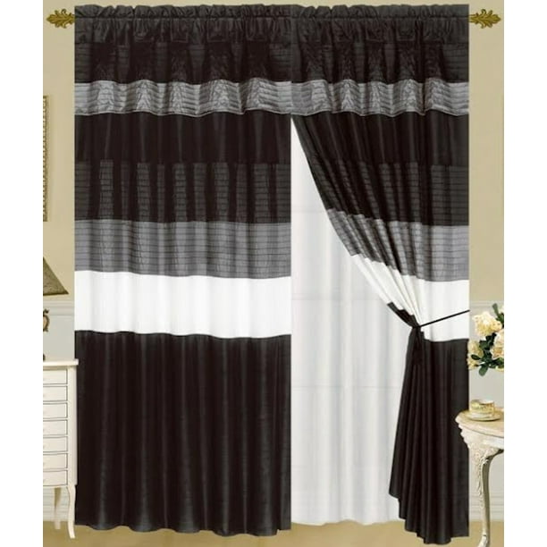 Legacy Decor Black & Grey Faux Silk Window Curtain Drape Set with
