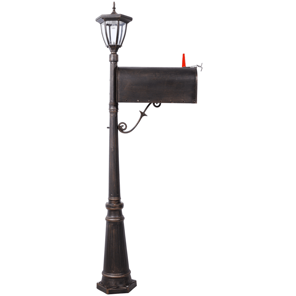 Tcbosik Mailbox with Solar Lights, Post with Mailbox, Heavy Duty Cast Aluminum Decorative Modern Mailbox for Outside, Porch, Backyard, Brown