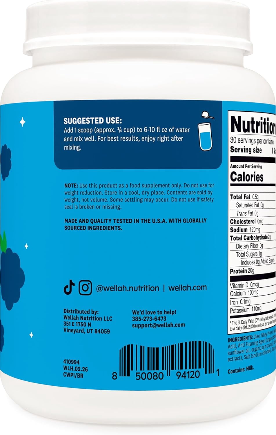 Wellah Clear Whey Protein Isolate Powder (Blue Raspberry) 30 Servings - 20g of Protein, 90 Calories, Sweetened with Stevia