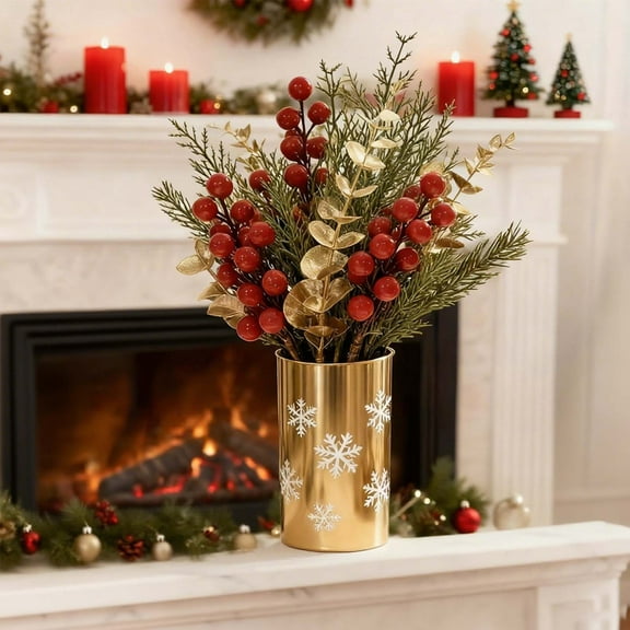Christmas Cuttings Decoration 2PCS Artificial Pine Needle Red Berry Leaf Branches Realistic Multicolor Plastic Versatile Wreath Centerpiece Holiday Home Table Decor