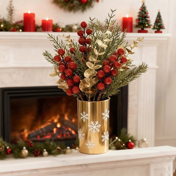 Christmas Pine Needle Flower Branch Decoration, Simulation Plant Red Berry Leaf, Plug In Holiday Decor, Realistic Artificial Branch, Easy Assembly, Foldable Design, Metal Frame, For Bedroom Home
