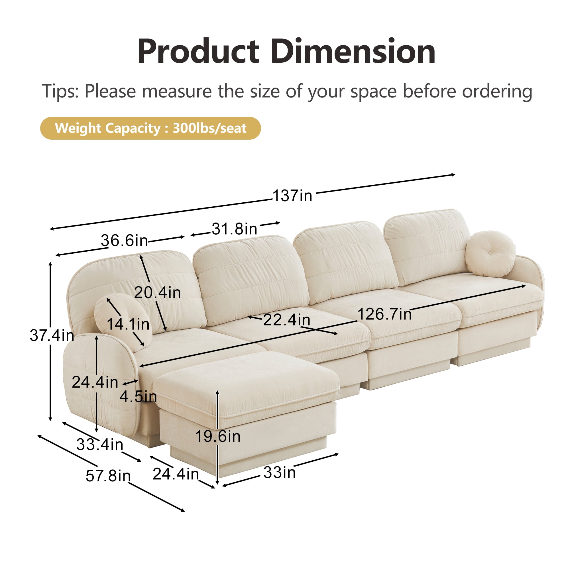 Mintazer 137" Chenille Cloud 4-Seater Modular Sectional Sofa with Movable Ottoman & Round Pillows, L-Shaped Ergonomic Sofa Couch for Living Room, Apartment, Cream
