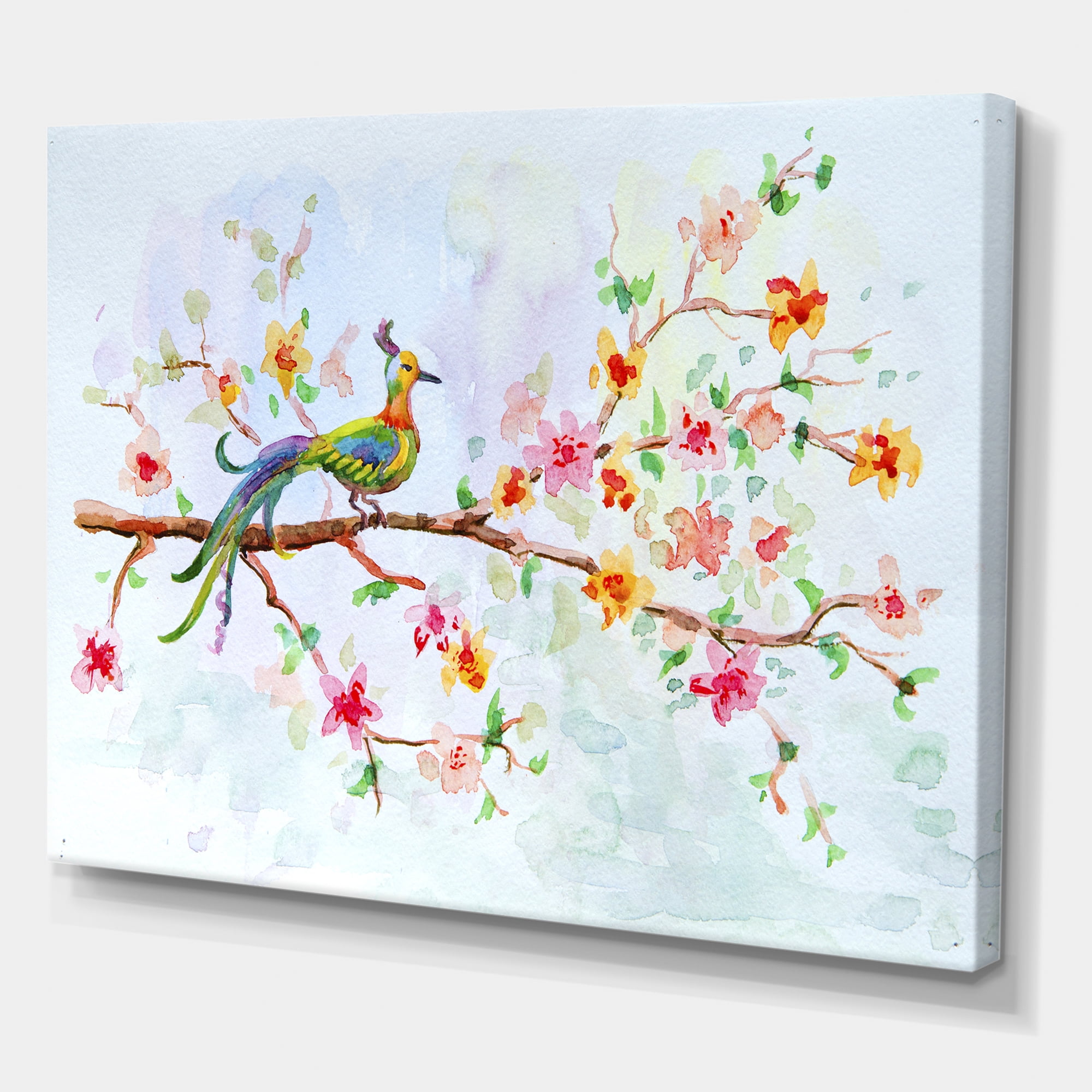 Designart ' Little Bird Sitting On Blooming Branch ' Traditional Canvas Wall Art Print