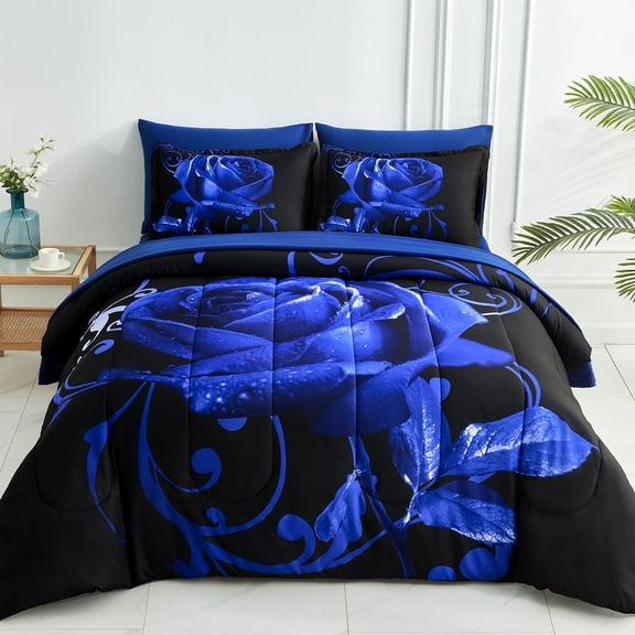 Dintszyayue Blue Rose Bed in a Bag Queen Size,Bedding Set 7Pcs Soft Comforter Set Adult(90"X90")