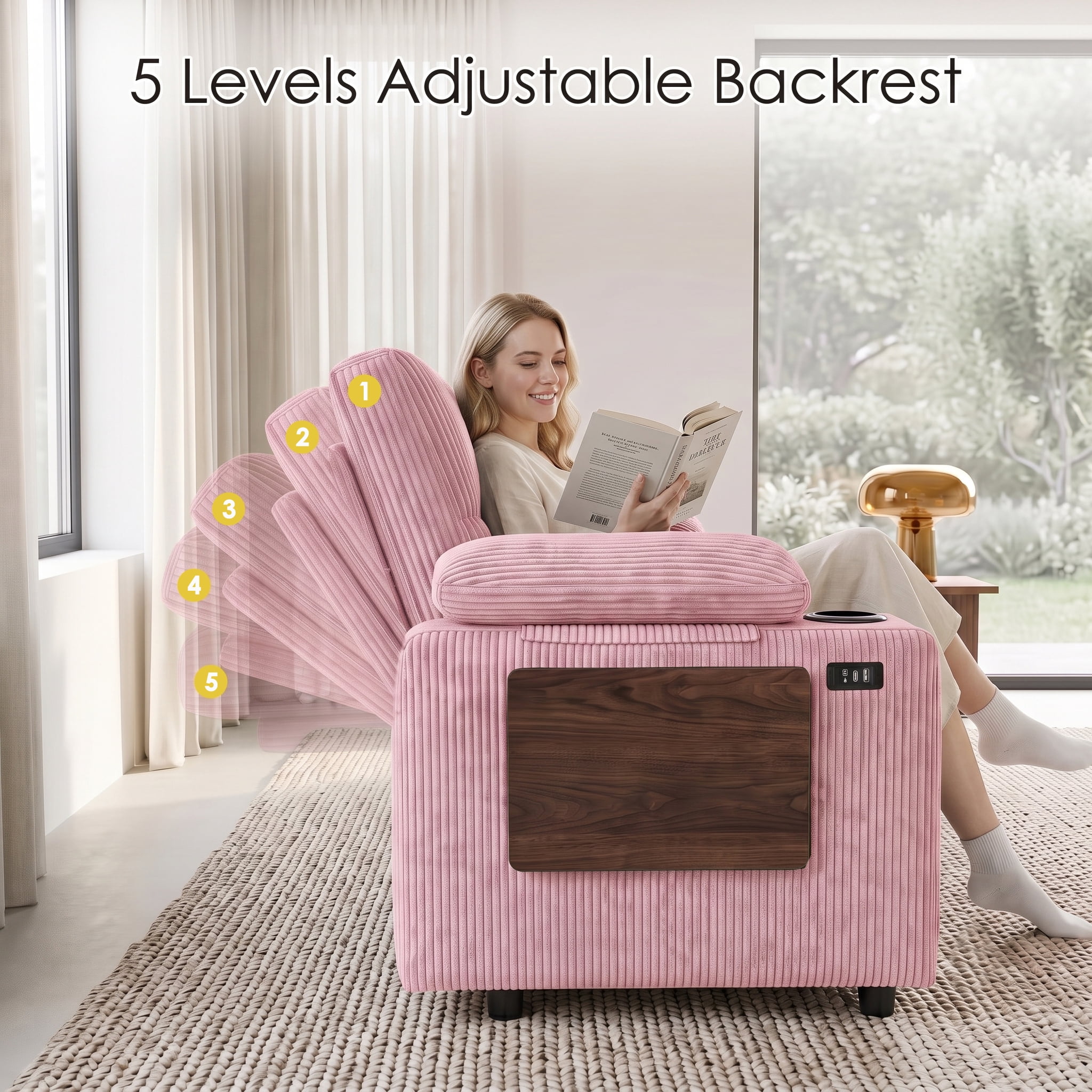 58" Convertible Sleeper Sofa Bed, Full Size Pull Out Couch with USB Charging, Cup Holders, Side Table, Adjustable Backrest, Corduroy Loveseat for Living Room, Apartment, Office (Pink)