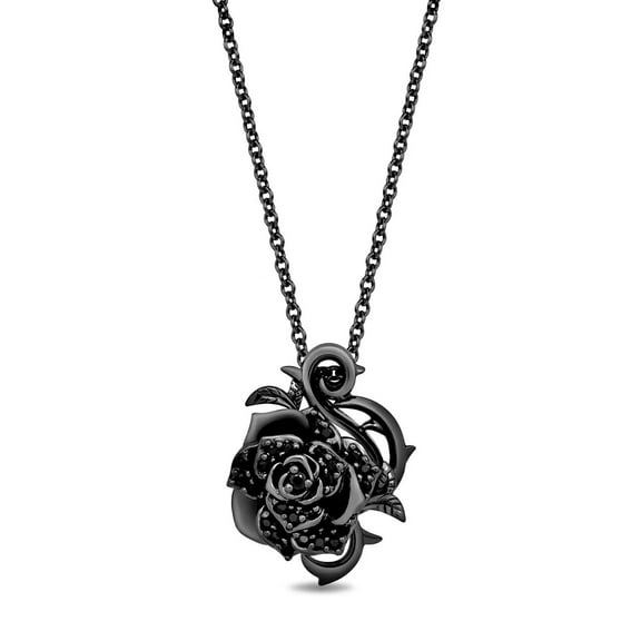 Black Simulated Diamond 925 Silver Women 18mm Maleficent Rose Pendant Necklace