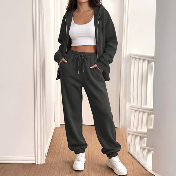 Sweatsuits Women 2 Piece Outfit Comfort Jogger Sets Fleece Oversized Zip Up Hoodie Sweatpants Set Matching Sweat Sets