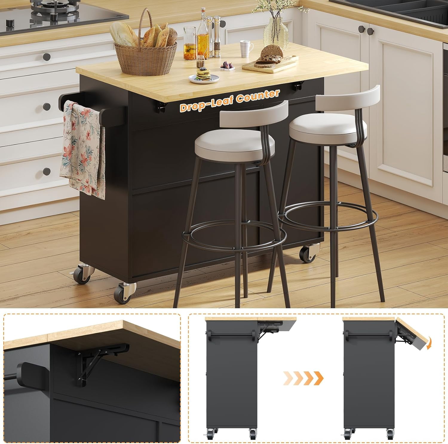 Meteorleg Kitchen Island with Storage, 41.3" W Wood Kitchen Island Cart with Drop Leaf, Black Rolling Cart with Lockable Wheels