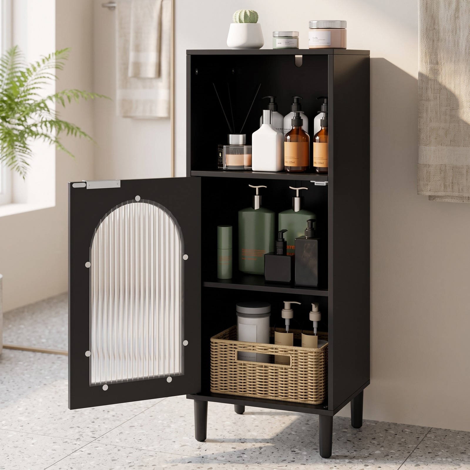 Fenbeli Bathroom Floor Cabinet, Freestanding Wood Side Storage Organizer Cabinet with Adjustable Shelf, Tempered Glass Door and Anti-Tipping Kit for Bathroom, Black