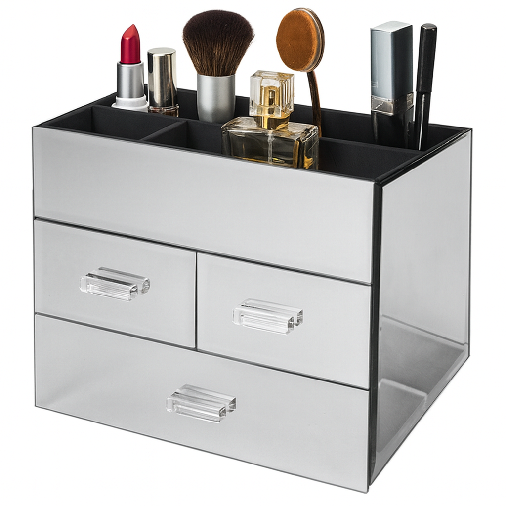OnDisplay Miro 3 Drawer Mirrored Glass Makeup & Jewelry Organizer – Tiered Vanity Storage Box with Drawers and Velvet Lined Compartments (Silver)
