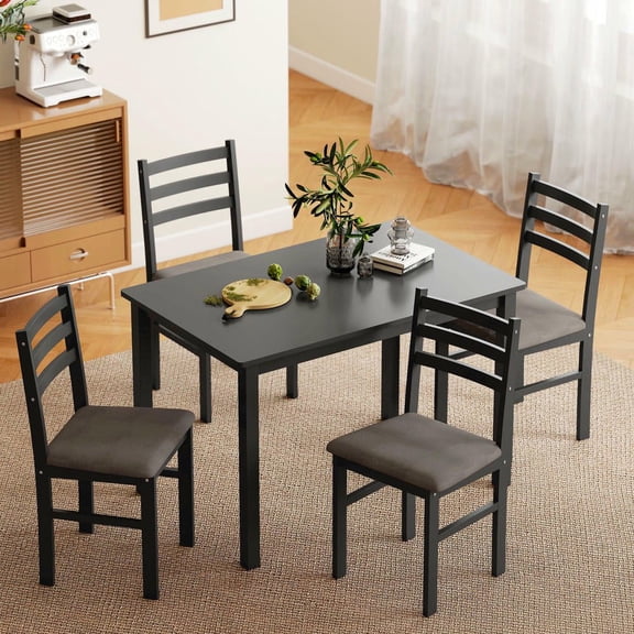 Resenkos 5-Piece Farmhouse Dining Set for 4 with Table and Upholstered Chairs, Sturdy Rubberwood Legs, Black