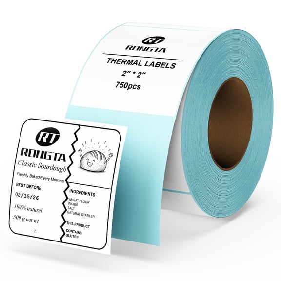 Rongta 2 x 2 Inch Square Direct Thermal Labels, 750 Labels per Roll, White Stickers, Strong Adhesive, for Barcodes and Product Packaging