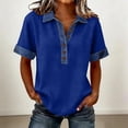 thumbnail image 2 of Womens Denim Collared Casual Shirts Buttons Decor V Neck Dressy Tops Patchwork Splicing Summer Pullover Blue 2XL, 2 of 6