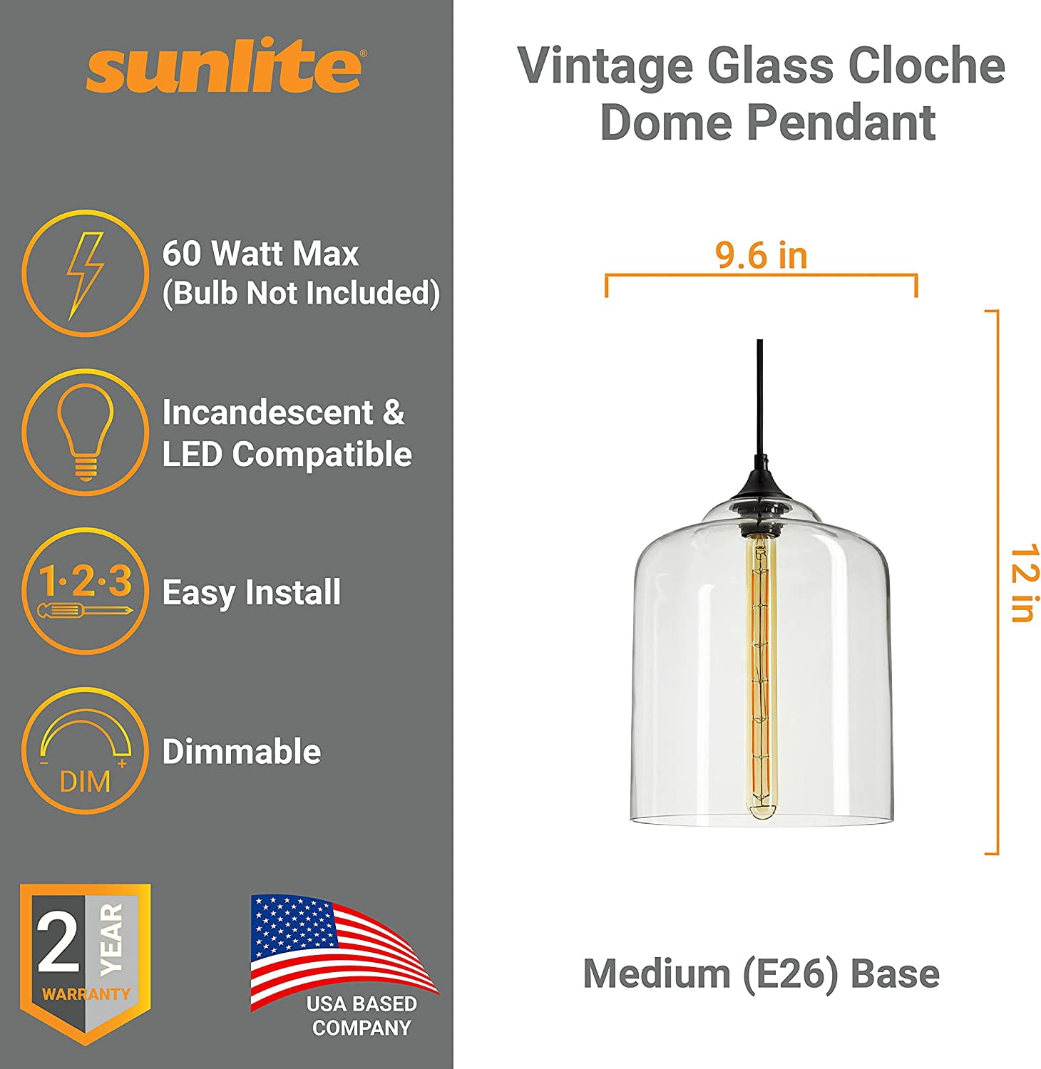 Sunlite Vintage-Inspired Glass Cloche Dome Pendant, Farmhouse Light Fixture, Medium (E26), 49-Inch Braided Woven Cord, 60 Watts Max (Bulb Not Included), 12”, Black Canopy