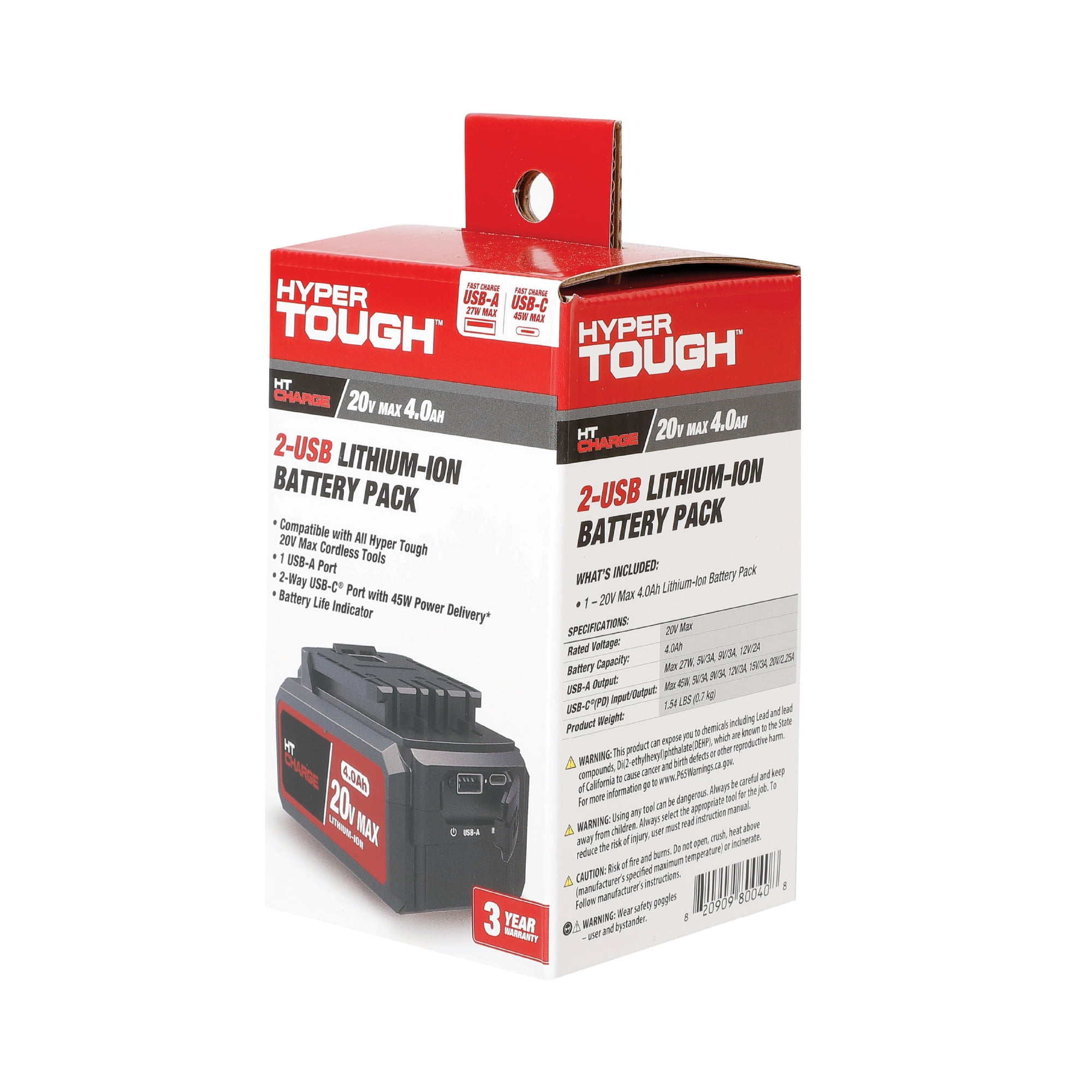 Hyper Tough 20-Volt Max Lithium-Ion 4.0Ah Battery Pack with USB-a and USB-c Ports
