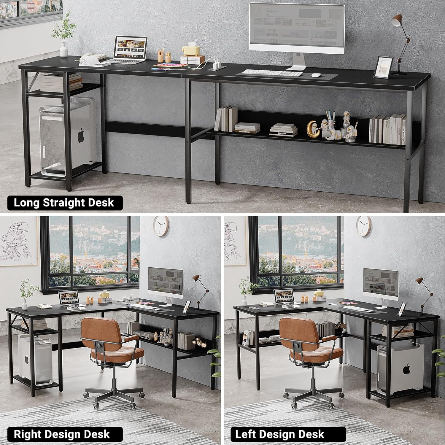 iSunirm Home Office Desk Adult Lap Desks, 42.5 x 50.4 in, Black, L Shaped Computer Desk with Magic Power Outlets and USB Charging Ports