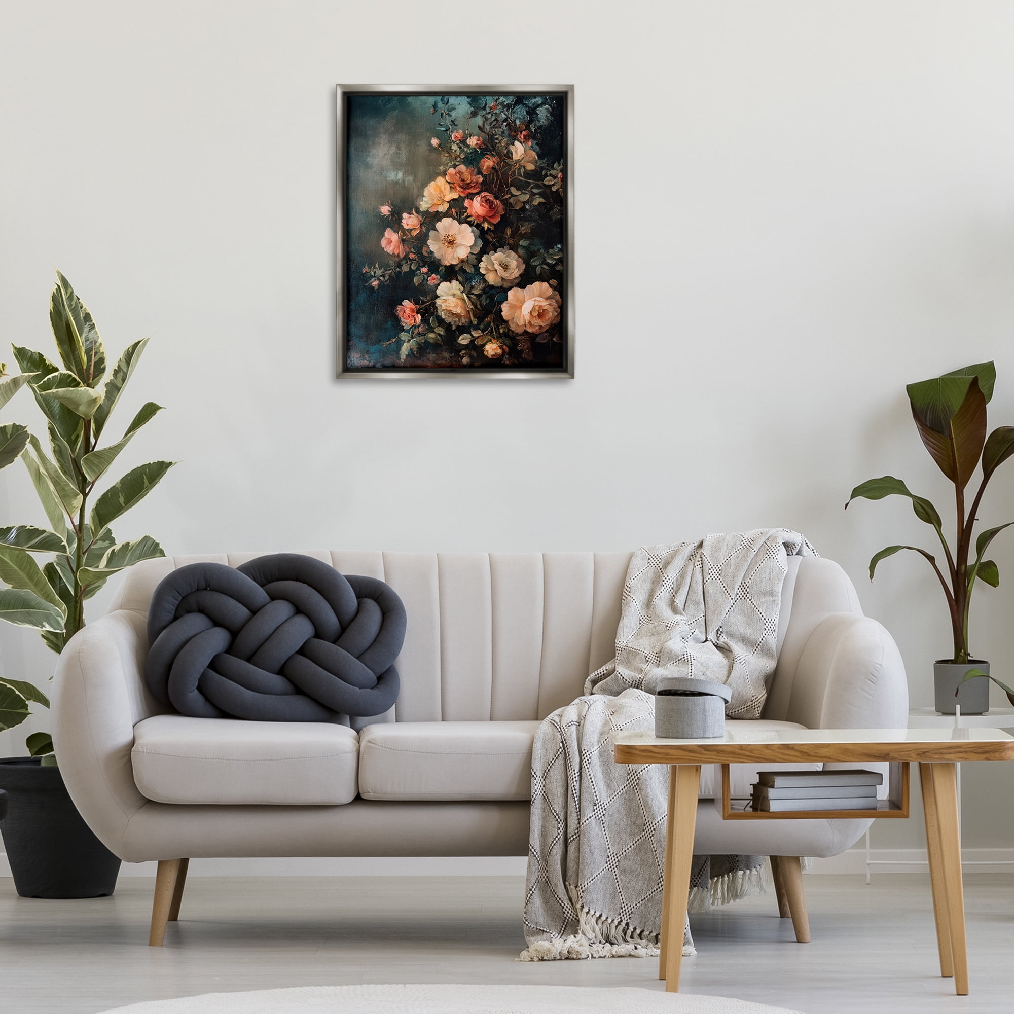 Stupell Industries Dark Rose Florals Plants & Flowers Painting Gray Floater Framed Canvas Art Print Wall Art, 25 x 31