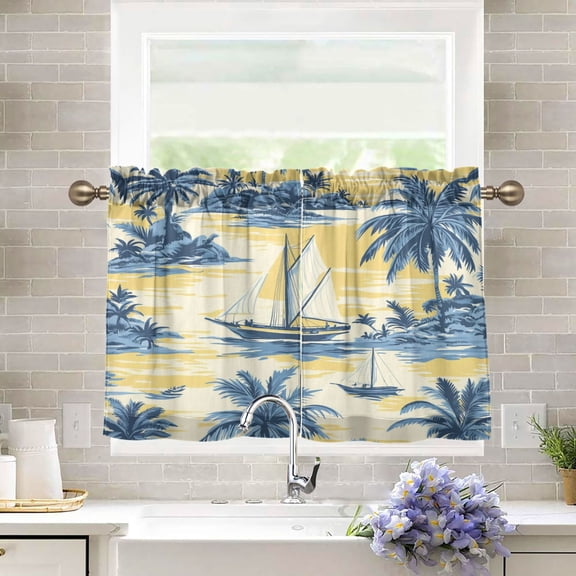 BZSMCE Set of 2 Pieces Kitchen Window Curtain Fashion Nautical Bliss in Blue and Yellow Printed 27x24in/27x36in