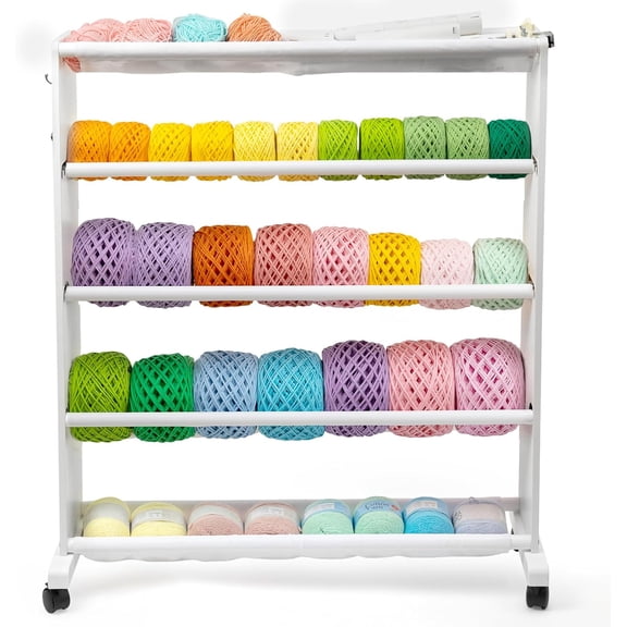 Yarn Storage Organizer, 5 Tier Wooden Cart for Yarn Cake Organizer | Mobile Yarn Rack with 4 Rolling Wheels, Side Hooks & Pouch for Knitting Crochet Supplies, Ideal for Craft Room Organization