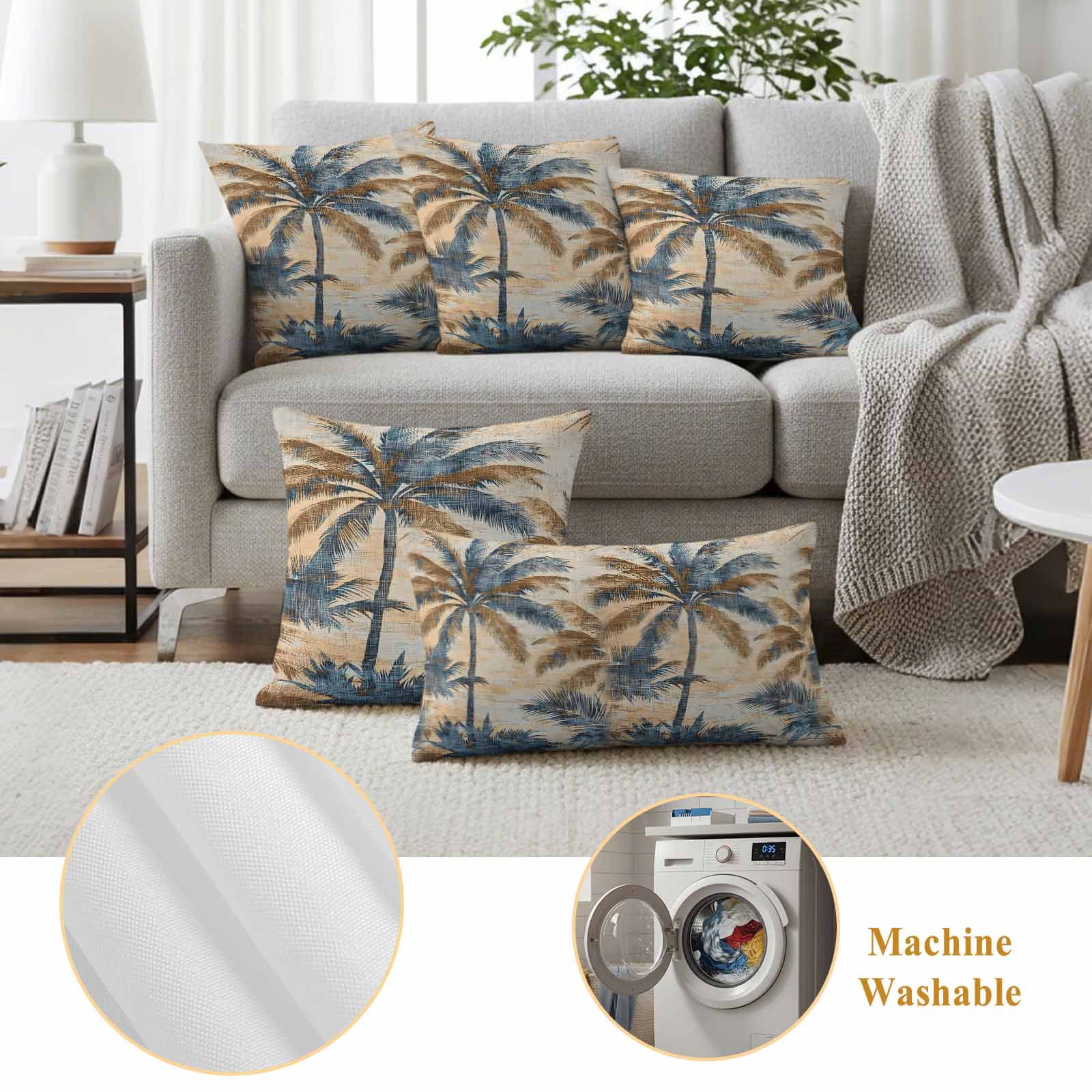 Retro Palm Leaf Outdoor Pillow Covers 18"x18" Set of 2, Brown Blue Tropical Plant Waterproof Throw Pillow Covers for Patio Furniture, Decorative Cushion Covers for Porch