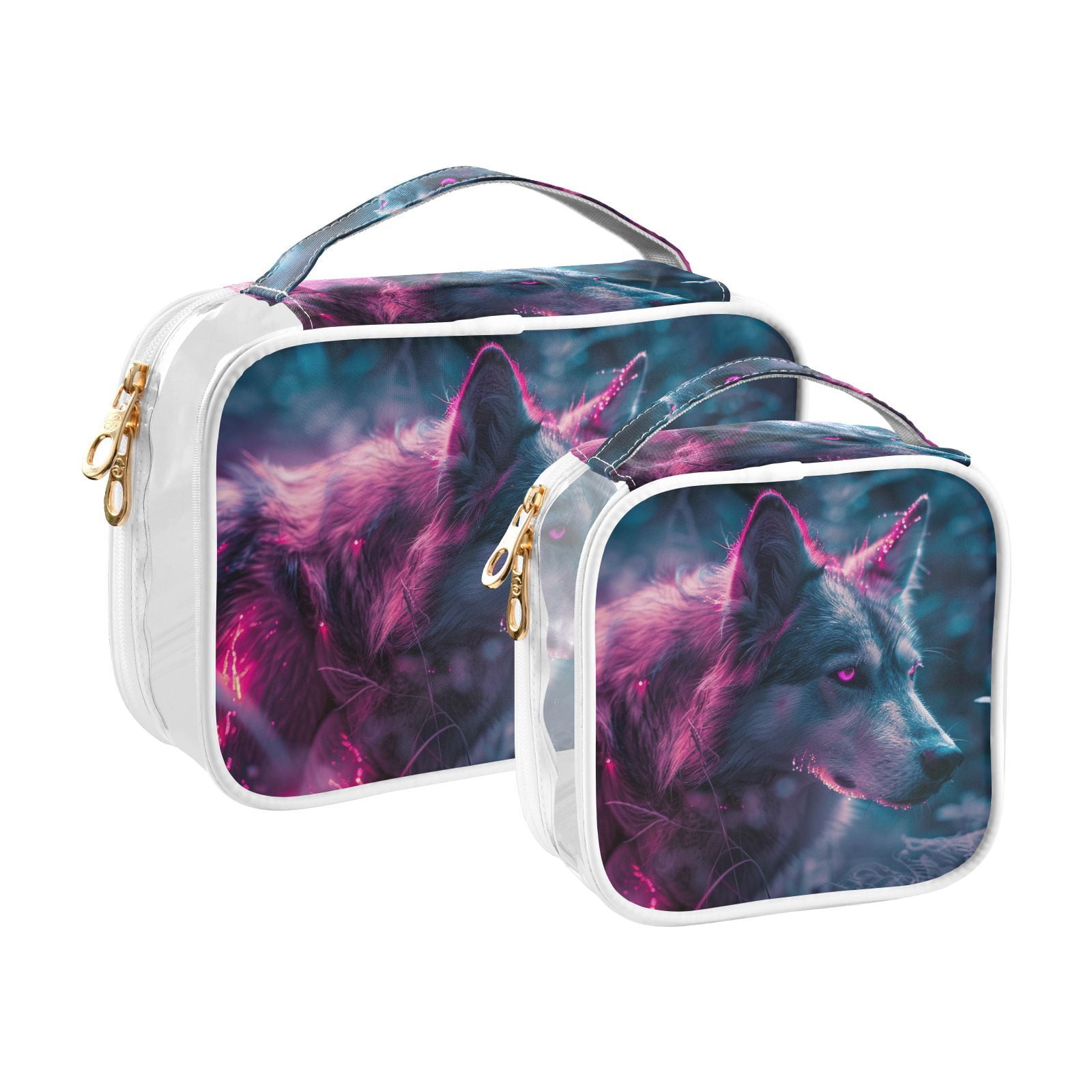 Clear Makeup Bags with Handle Large Opening 2 Pack Set Toiletry Bag Quart Size Bag, for Women Man Traveling Travel Essentials, Toiletries and Other. Wolf