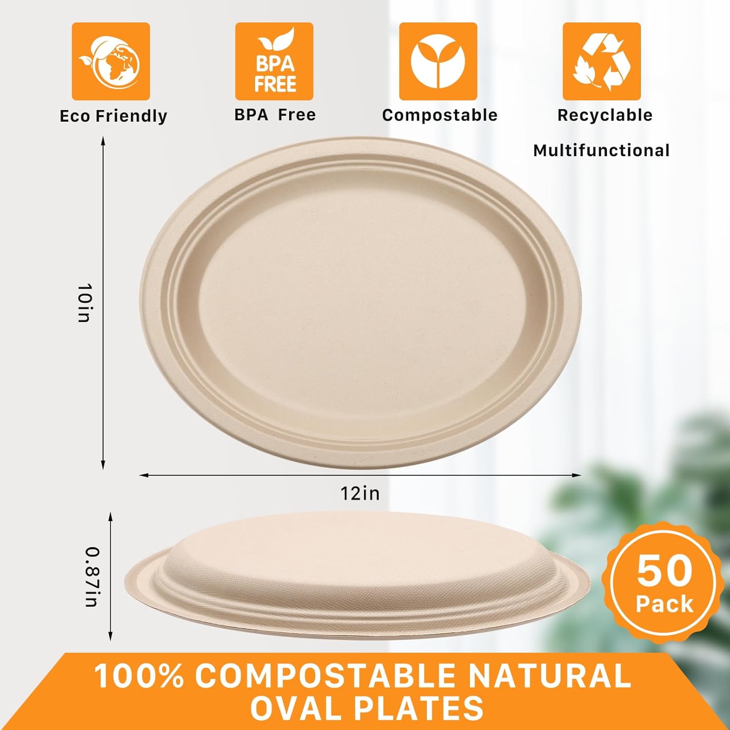 50 Pack Oval Paper Plates,12 inch Paper Plates Heavy Duty,Compostable Natural Bagasse Unbleached Sugarcane Plate,Disposable Plate for BBQ Party Picnic Gathering(Brown)