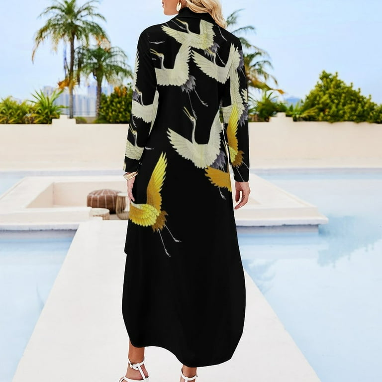 GOLD YELLOW WHITE FLYING CRANES IN BLACK Japanese Pattern Long Sleeved  Shirt Dress summer dress summer women's suit - Walmart.com