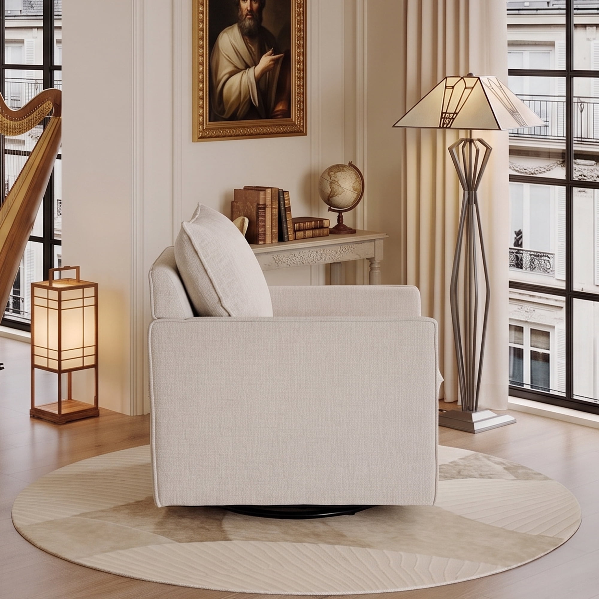 HOQBN 360°Swivel Accent Chair, Comfy Single Square Sofa Armchairs,Upholstered Club Chairs for Living Room,Bedroom, Reading Room, Beige