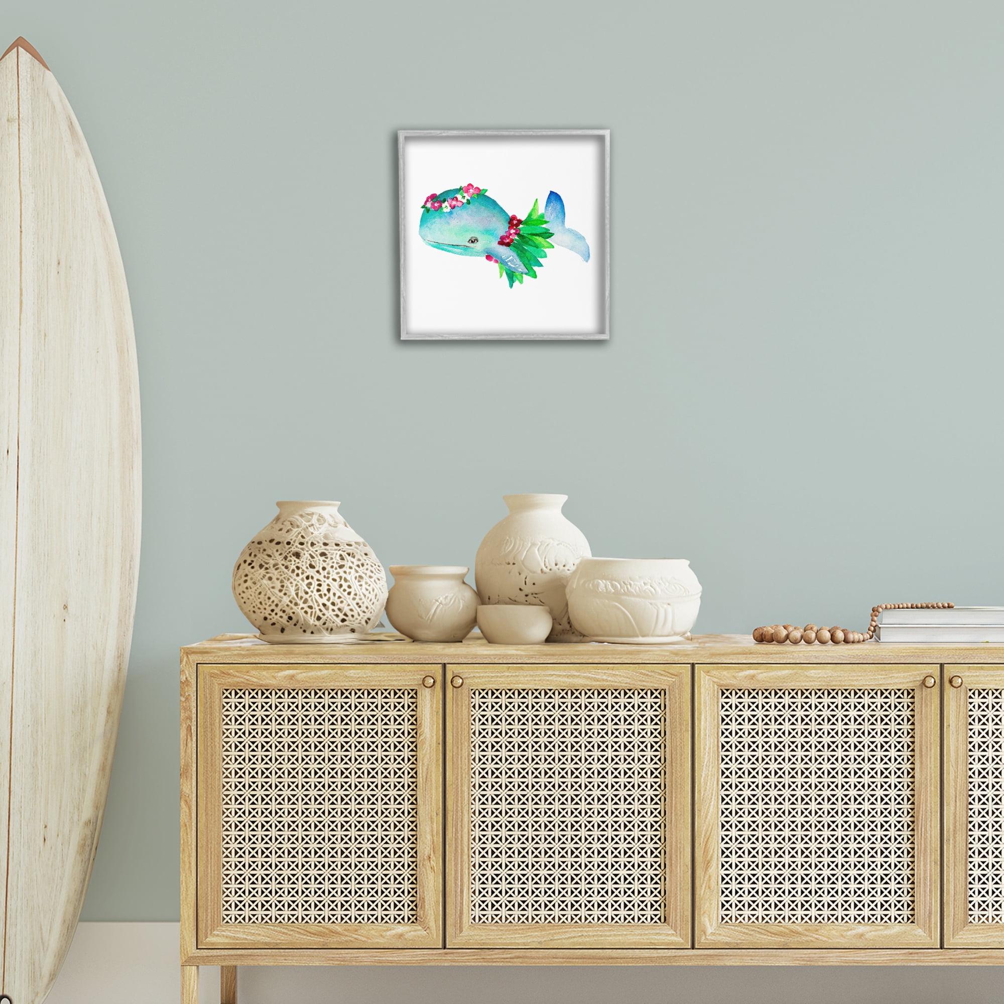 Stupell Industries Hula Skirt Whale Novelty Painting Gray Framed Art Print Wall Art, 17 x 17