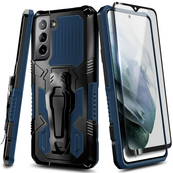 Nagebee Case for Samsung Galaxy S21 Plus with Screen Protector (Soft Full Coverage), Belt Clip [Built-in Kickstand], Dual Layer Full Body Shockproof Protective Rugged Defender Case (Blue)