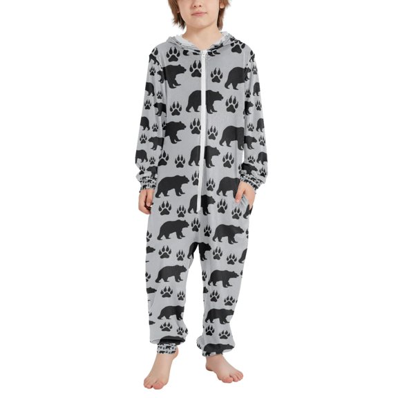 FORMRS Kids One-Piece Pajamas Hooded Long Sleeve Union Suit Soft Onesie Sleepwear, Sizes 4T-14Y, Gray Bear Paws Pattern