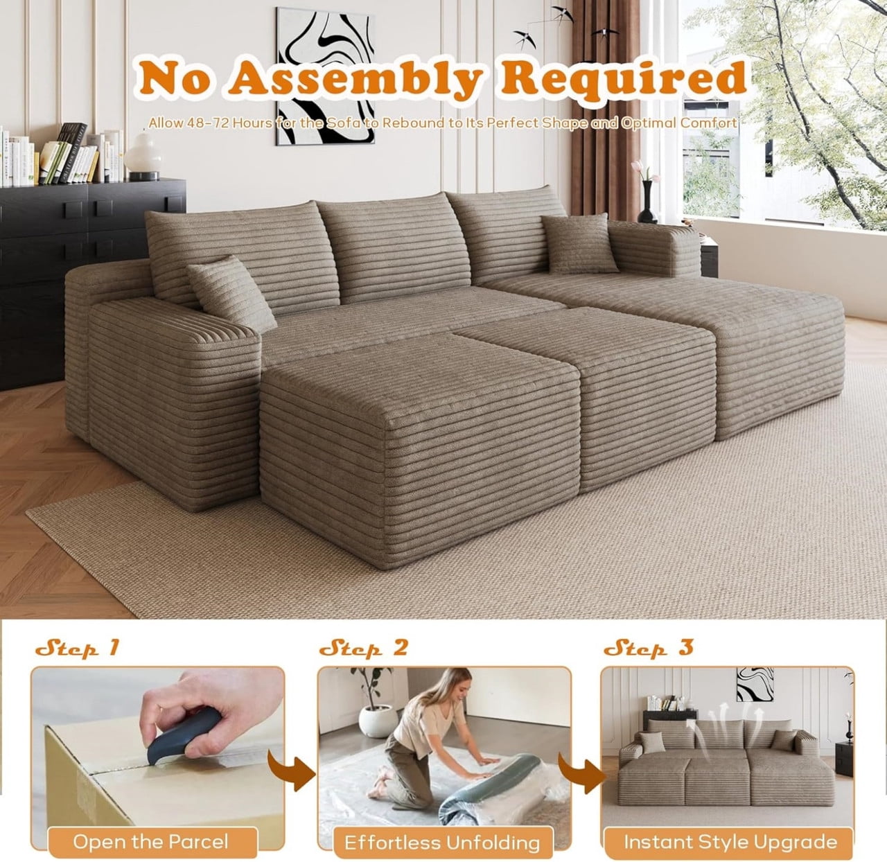 94'' Cloud Sectional Sofa with 2 Ottomans, Modular Upholstered Sofa Couch with Deep Seat, Plush Corduroy Fabric U Shaped Sofa for Living Room, Right Facing Chaise